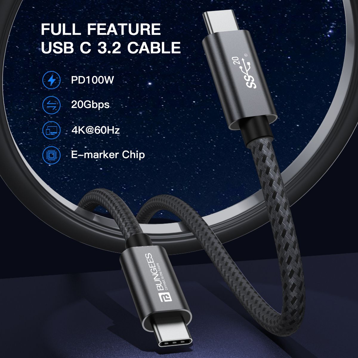 Bungees Type-C Cable PD 100W | 20 Gbps | 4K 60Hz | 3m view 2